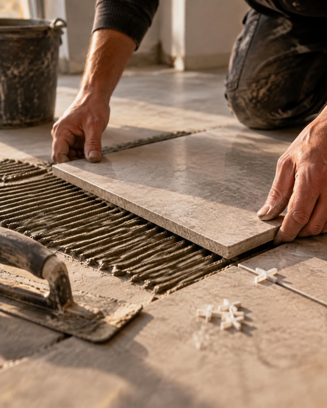 Craftsperson precisely laying stone tile